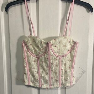 Cream Lace Floral Bustier Cami with Pink Trim